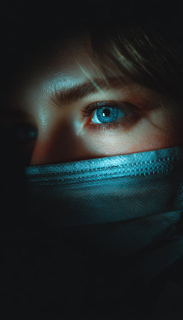 A dramatic close-up of a person wearing a protective mask, with blue eyes illuminated by dim side lighting, creating a sense of cinematic tension and emotional depth.の素材