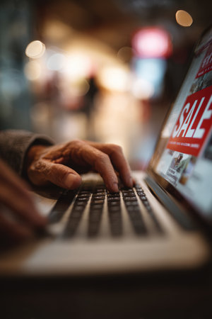 Close-up shot of hands typing on a laptop keyboard with a visible sale advertisement on the screen. Captured in a cinematic perspective, emphasizing storytelling in photography.の素材