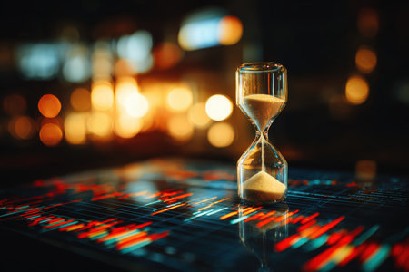 A glass hourglass stands on colorful financial charts, symbolizing time and business. Warm bokeh lights create a cinematic depth of field, enhancing the conceptual imagery.の素材