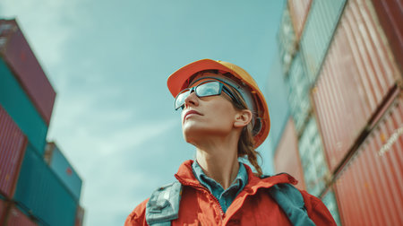 A female logistics worker in professional attire inspects cargo containers at an industrial port under a bright sky, showcasing cinematic realism and industry expertise.の素材