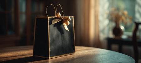 Aesthetic photo of a black gift bag with a golden ribbon on a wooden table, bathed in warm, golden evening light, creating a cozy and cinematic atmosphere.の素材