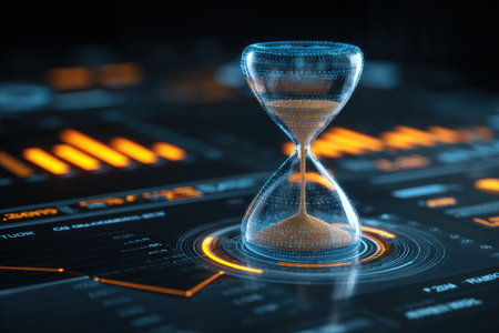 A digital holographic hourglass hovers over a financial dashboard, symbolizing futuristic time management in a sci-fi corporate setting. The image blends technology with time concepts.の素材