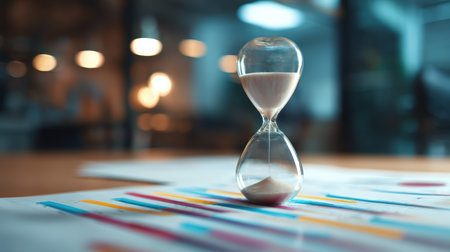 An elegant hourglass sits on business analytics papers in soft office lighting, illustrating concepts of time management and productivity with a shallow depth of field.の素材