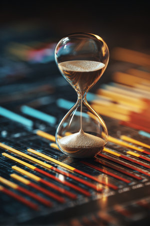 A glass hourglass sits over colorful bar graphs, symbolizing the concept of time running out in business. The image features cinematic soft tones, enhancing its dramatic effect.の素材