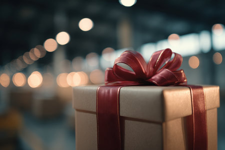 Close-up of a gift box with a red bow reflecting ambient warehouse lights. The image features a minimal aesthetic with warm tones, creating a cozy and inviting atmosphere.の素材