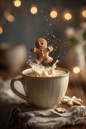 A gingerbread man floats in creamy hot chocolate, set in a cozy home with golden lighting and soft focus. The scene captures a warm holiday lifestyle with realistic details.の素材