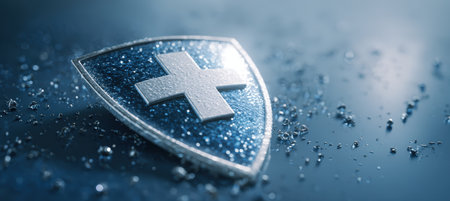 Close-up image of a shining cross shield representing health insurance. The design features a minimalistic medical tone with a white and blue color palette.の素材