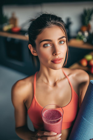 Artistic portrait of a woman holding a smoothie and yoga mat, set against a blurred kitchen background. The vibrant color grading enhances the lifestyle editorial vibe.の素材