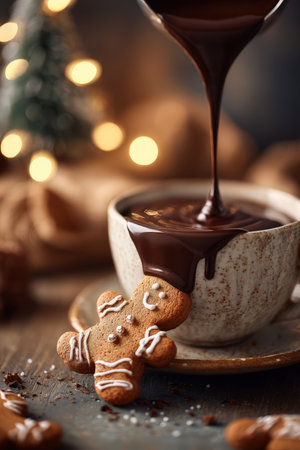Close-up of a gingerbread cookie being dipped into a cup of hot chocolate, set against a softly lit holiday background. The scene evokes a warm, cozy wintertime atmosphere.の素材