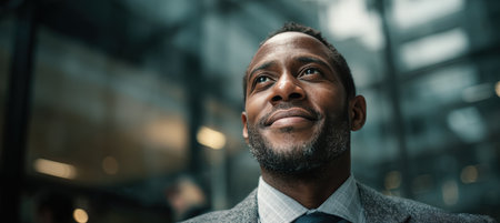Portrait of a confident corporate professional looking towards the camera in a modern glass office setting. The shallow focus highlights the subject's expression and demeanor.の素材