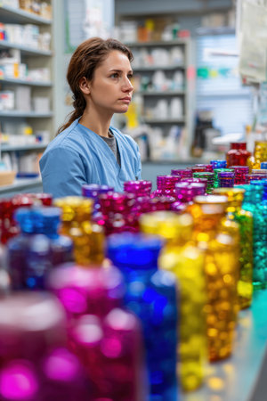 A healthcare worker in a clean pharmacy setting, surrounded by colorful medicine bottles. The image features cinematic focus and lighting, highlighting the vibrant pharmacy environment.の素材