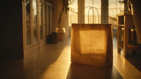 A cinematic close-up of a gift bag illuminated by golden sunset lighting in a cozy home interior, showcasing minimalist product design and warm ambiance.の素材