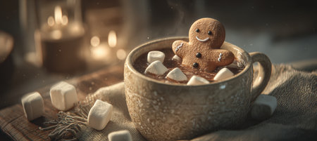A gingerbread man floats in a mug of hot chocolate surrounded by marshmallows, set in warm, cozy lighting. The scene evokes a cinematic holiday atmosphere, perfect for festive themes.の素材