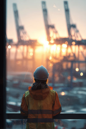 A female engineer in a hard hat and safety vest oversees shipping operations at sunrise. Blurred cranes are visible in the background, creating a professional and realistic scene.の素材