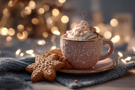 Warm and cozy Christmas-themed still life featuring a steaming cup of hot cocoa with whipped cream and a gingerbread cookie. Soft bokeh lights create a festive, cinematic atmosphere.の素材