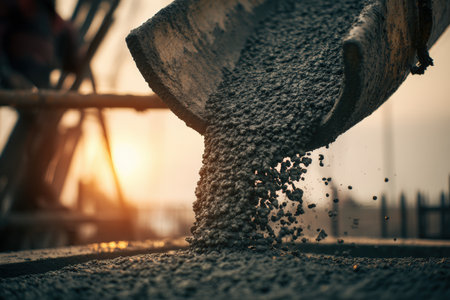 A construction worker pours wet concrete from a chute at a building site. The image captures the detailed texture of the cement flow, enhanced by golden-hour lighting.の素材