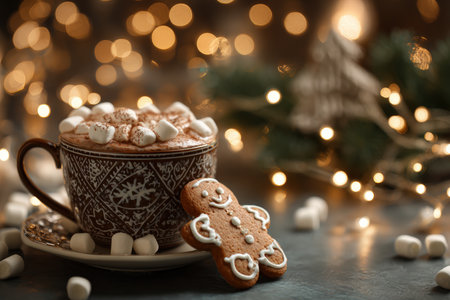 A gingerbread cookie rests in a cup of cocoa topped with marshmallows, set against a backdrop of glowing Christmas lights, creating a cozy and festive atmosphere.の素材