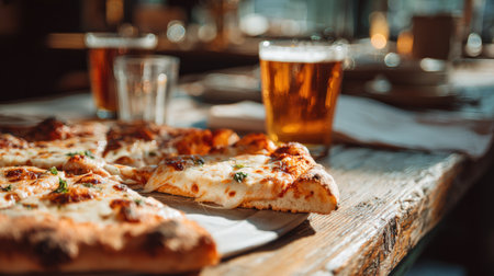 A close-up shot of a melting cheese pizza slice paired with a glass of craft beer on a rustic bar table. Natural light reflections create a warm, inviting food magazine aesthetic.の素材