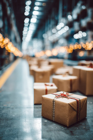 Beautifully wrapped packages with ribbons in a shipping facility. Bright overhead lights and bokeh background create a festive, professional holiday logistics theme.の素材