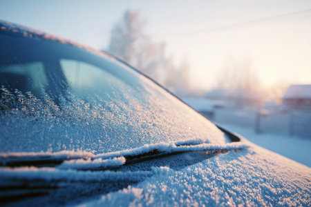 A realistic winter scene showing a car windshield covered in snow with frozen wipers, captured in cold blue morning light. The shallow depth of field enhances the frosty details.の素材