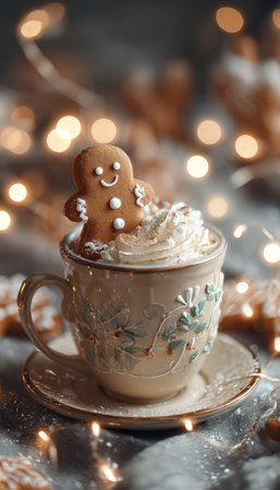 A gingerbread cookie sits atop a festive cup of cocoa, surrounded by blurred holiday lights and cookies. The scene captures a cozy, cinematic holiday aesthetic.の素材
