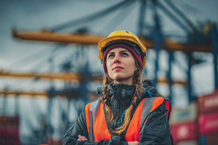 A female worker wearing a reflective vest and hard hat stands confidently with cranes and shipping containers in the background, captured in a cinematic corporate photography style.の素材