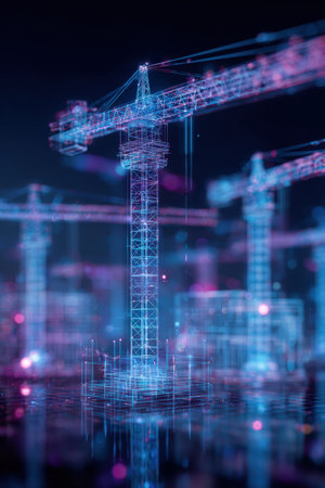 Conceptual image depicting a digital construction process with holographic cranes building smart architecture. The scene is illuminated by a striking blue neon glow, symbolizing innovation.の素材