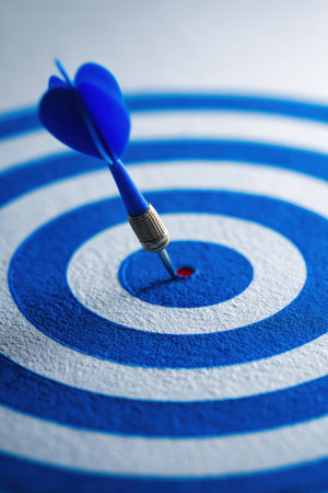 Close-up image of a dart embedded in the center of a blue target, symbolizing focus and precision. The scene is set against a clean white background, enhancing the visual metaphor.の素材