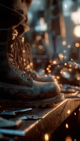 Detailed image of rugged boots covered in dust, walking through a metal workshop. Sparks glow in cinematic warm tones, evoking a craftsmanship vibe and industrial atmosphere.の素材