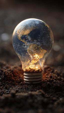 Conceptual image of Earth glowing inside a light bulb placed on soil, symbolizing renewable energy and the balance of nature. Represents sustainability and environmental awareness.の素材