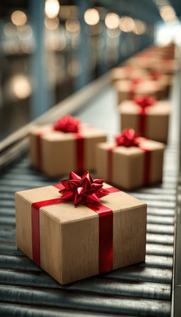 Elegant holiday parcels adorned with red bows move along a conveyor belt. The cardboard textures and cinematic depth of field create a festive industrial atmosphere.の素材