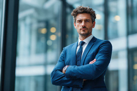 A confident businessman in a blue suit stands with arms crossed in a modern glass office. The soft daylight and professional tone create a cinematic corporate realism.の素材