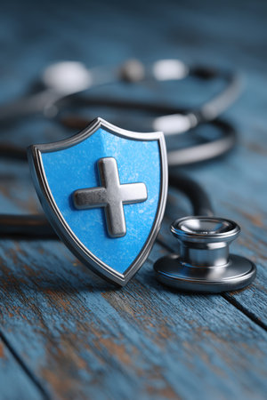 Cinematic image depicting a stethoscope and a blue shield symbolizing health insurance, safety, and care. The composition highlights medical realism and protection themes.の素材