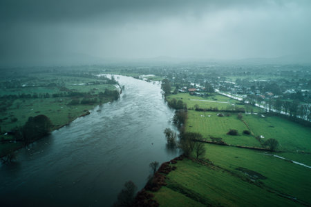 Aerial image capturing a swollen river flooding lush green farmland under an overcast sky. The cinematic tone highlights the impact of climate change on rural landscapes.の素材