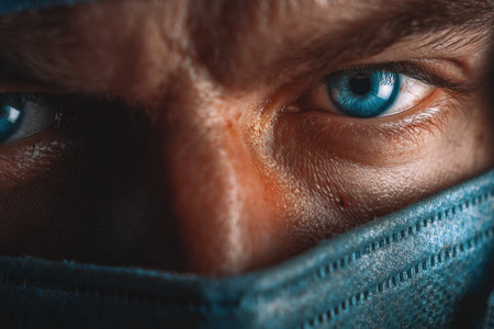 Extreme close-up of a person wearing a medical mask, highlighting piercing blue eyes filled with emotion. The image features dramatic lighting and cinematic realism, emphasizing intensity.の素材