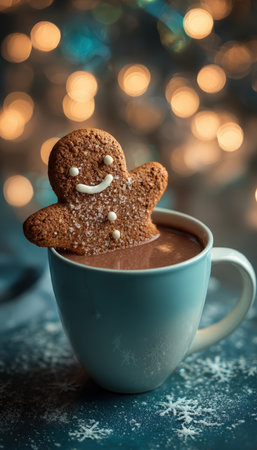 A cheerful gingerbread cookie rests in a cup of hot chocolate, surrounded by festive holiday lights. The cinematic food photography captures the warmth and joy of the season.の素材