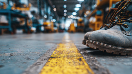 Macro shot of construction boots on a gritty warehouse floor, featuring a yellow safety line leading towards blurred machinery, capturing industrial realism with depth blur.の素材