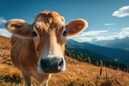 A friendly cow stands in a sunlit meadow with a stunning blue mountain horizon. The vivid colors and natural sunlight create a cinematic photography effect.の素材