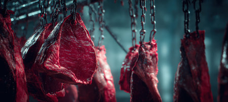 Detailed close-up of red meat sections suspended on hooks, showcasing sharp textures and cold tones in a cinematic, chilled environment.の素材