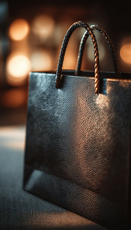 A close-up of a black shopping bag on a table, showcasing rich textures and a soft evening glow. The image exudes a luxury aesthetic with a cinematic composition.の素材