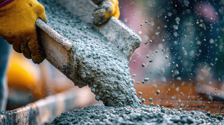 Close-up image of fresh concrete being poured onto a foundation, with a worker's gloved hands guiding the chute. The background is softly blurred, highlighting the construction process.の素材