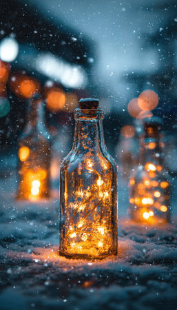 A close-up of a bottle filled with glowing fairy lights, creating a warm, festive ambiance in a snowy setting. The cinematic lighting enhances the cozy Christmas atmosphere.の素材