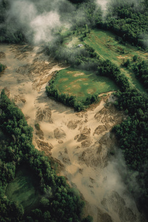 Aerial photograph capturing a floodplain with muddy waters blending into lush greenery. The dramatic atmosphere is enhanced by overcast skies, showcasing photojournalistic realism.の素材