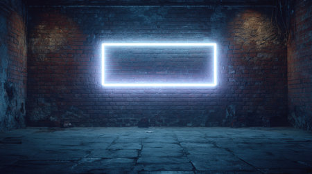 A glowing neon rectangle casts light on a rustic brick wall, creating a cinematic atmosphere in a dark night scene. The contrast between modern and vintage elements enhances the visual impact.の素材