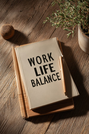 Flat lay image of a wooden desk featuring an open notebook with "WORK LIFE BALANCE" written on it. A pen rests on the notebook, surrounded by warm tones and a clean composition.の素材