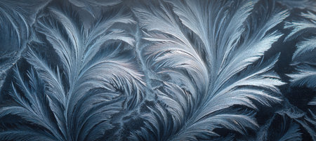 Artistic macro photography capturing intricate frost patterns on a car windshield, resembling delicate feathers. The fine details highlight the beauty of natural ice formations.の素材