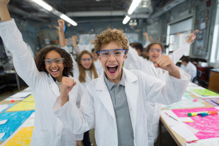 A group of enthusiastic students in lab coats participate in a science fair. They display colorful posters and experiments on tables, showcasing teamwork and excitement in a bright classroom.の素材