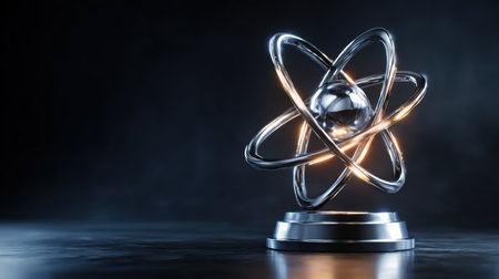 A 3D rendered image of a metallic trophy designed like an atom, featuring glowing orbit lines. Set against a dark, glossy background, it symbolizes a science competition concept.の素材
