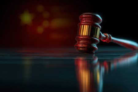 A modern glass gavel rests on a reflective surface with a digitally projected Chinese flag in the background, creating a futuristic justice theme in a sci-fi style.の素材