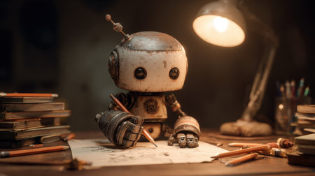 A charming humanoid robot with a round head and detailed mechanical arms sketches on paper under soft lamp light. The scene is enhanced by Pixar-style cinematic lighting, surrounded by pencils and booの素材